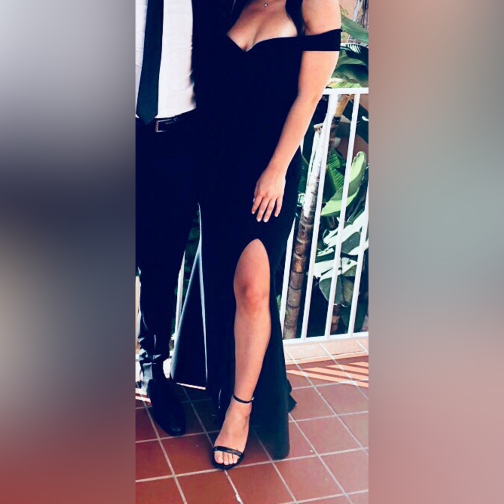 Aqua Strapless Black Dress side slit